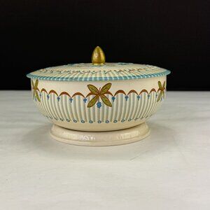 Vintage Round Biscuit Tin with Knob Made in England Blue Beige Floral